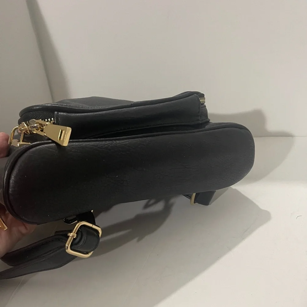 INC International Concepts Black Leather Backpack with Gold Zippers